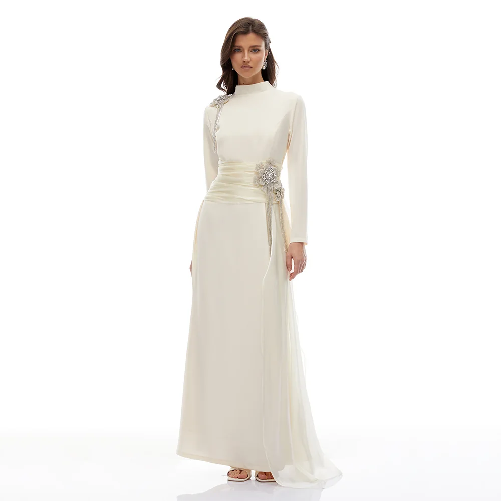 

Customized Long Sleeves Long Evening Dresses Elegant Formal Occasion Prom Gowns Crystal 2025 Ankle Length Prom Dresses