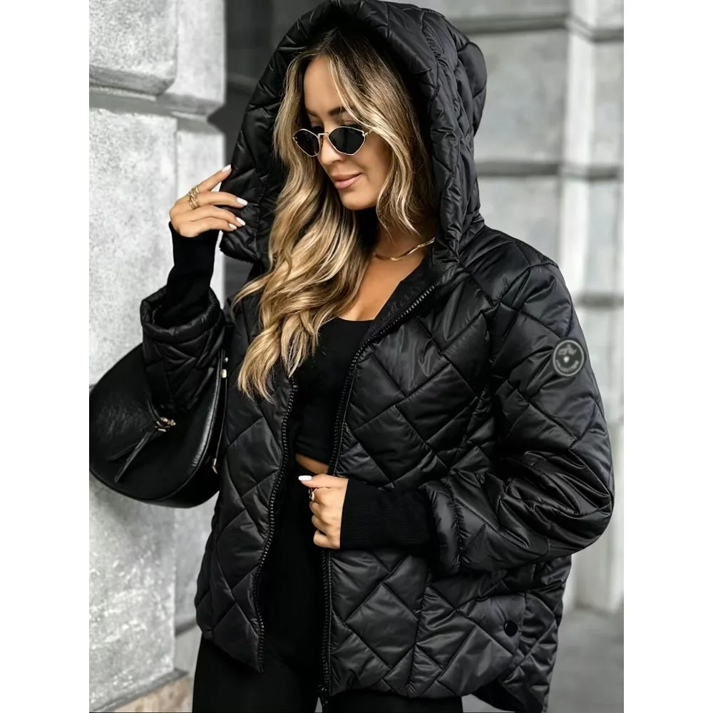 Herbst und Winter Neue Mode Kapuzen-Modejacke Lose Langarm Patchwork Baumwolljacke Damen Winterjacke Gesteppter Mantel – Detail 4
