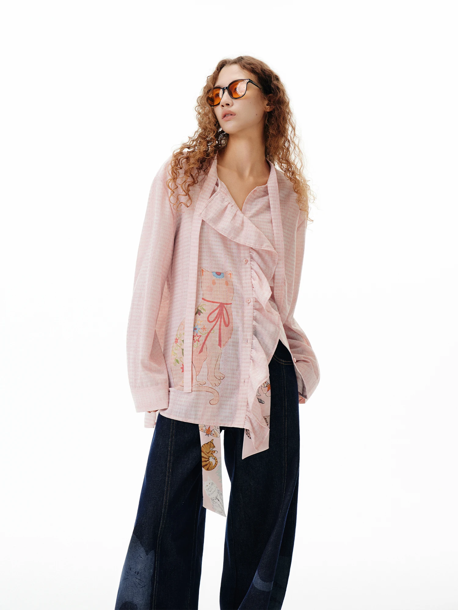 

Outthe Blue Lazy 's Cloud Bed Light Pink Ruffle Plaid Bow Tie irt Original Design Loose Fit Polyester Anti-Wrinkle Resis...