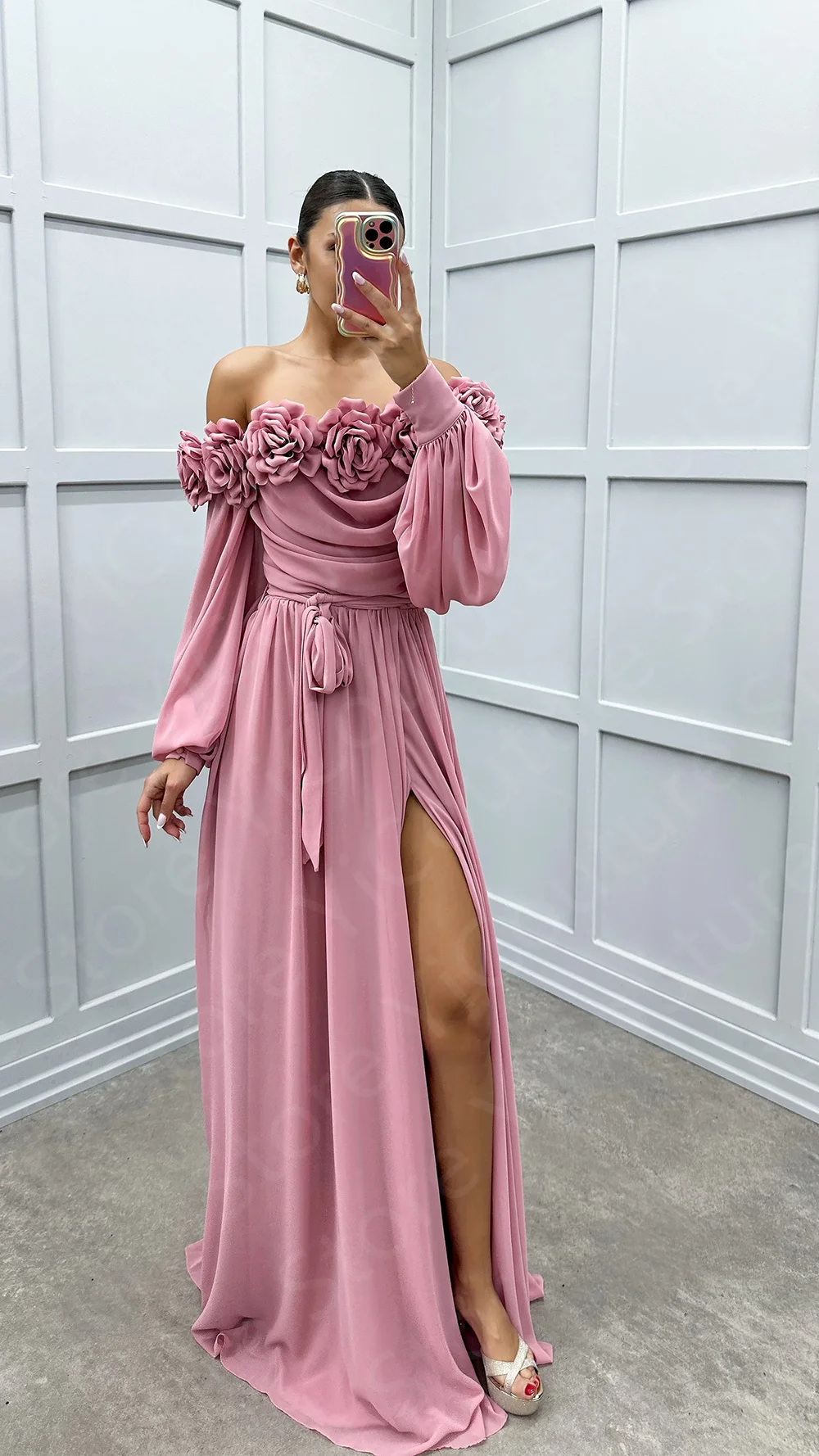 Charming Sky Blue Prom Dresses 2024 Off Shoulder Long Sleeves Homecoming Gowns Thigh Slit Boho Wedding Party Dress Beach Flowers