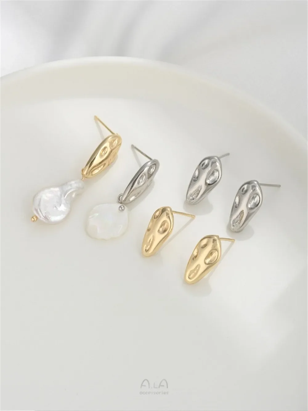 925 Silver Needle 14K Package Gold Concave Convex Meteorite Water Droplet Hanging Rings Earstuds DIY Pearl Ear Jewelry Accessori