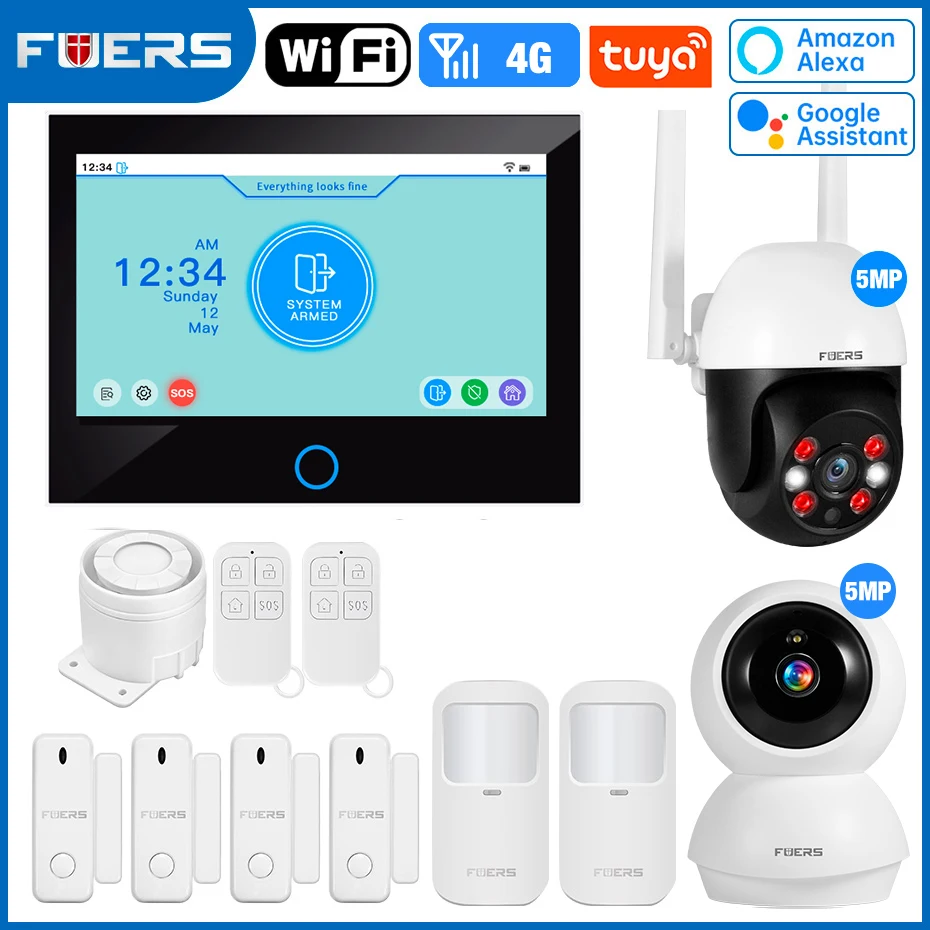 FUERS 7 Inch TFT Screen 4G LTE Tuya Smart Home Security Alarm System GSM WiFi Wireless Home Burglar Security Alarm System