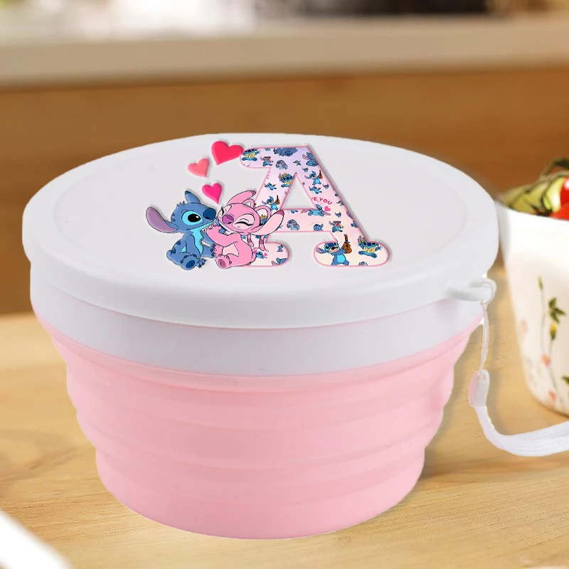 

Stitch Folding Lunch Box Bowl Silicone Letters A-Z Food Container Tableware Set Foldable Salad Bowl with Lid Portable tableware
