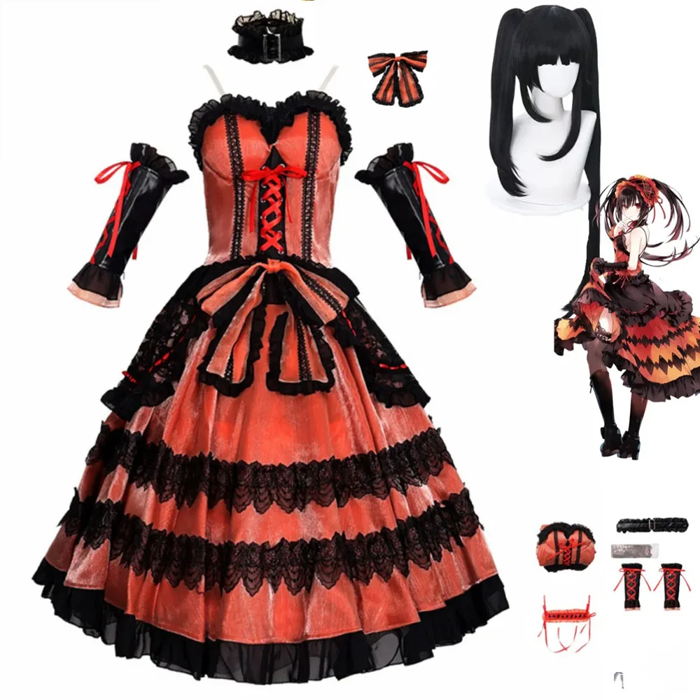 

Anime Date A Live Tokisaki Kurumi Nightmare Cosplay Costume Red Princess Dress Lolita Skirt Wig Sexy Masked Ball Party Dress Up