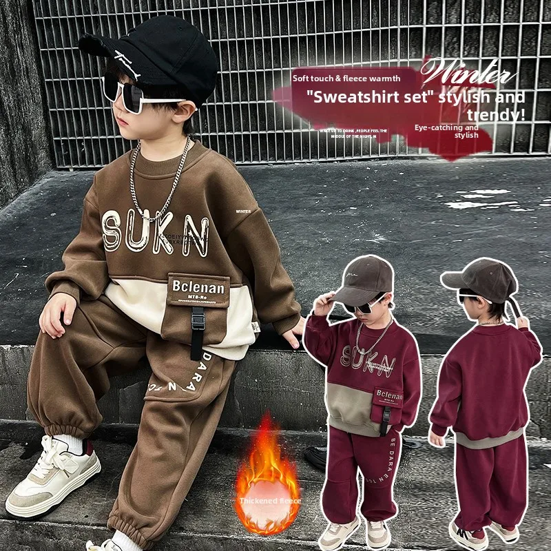 

Thickened Fleece Hoodie And Pants Set for Boys with 3D Pocket Autumn Winter Casual Wear Comfortable Two Piece Suit for Teens