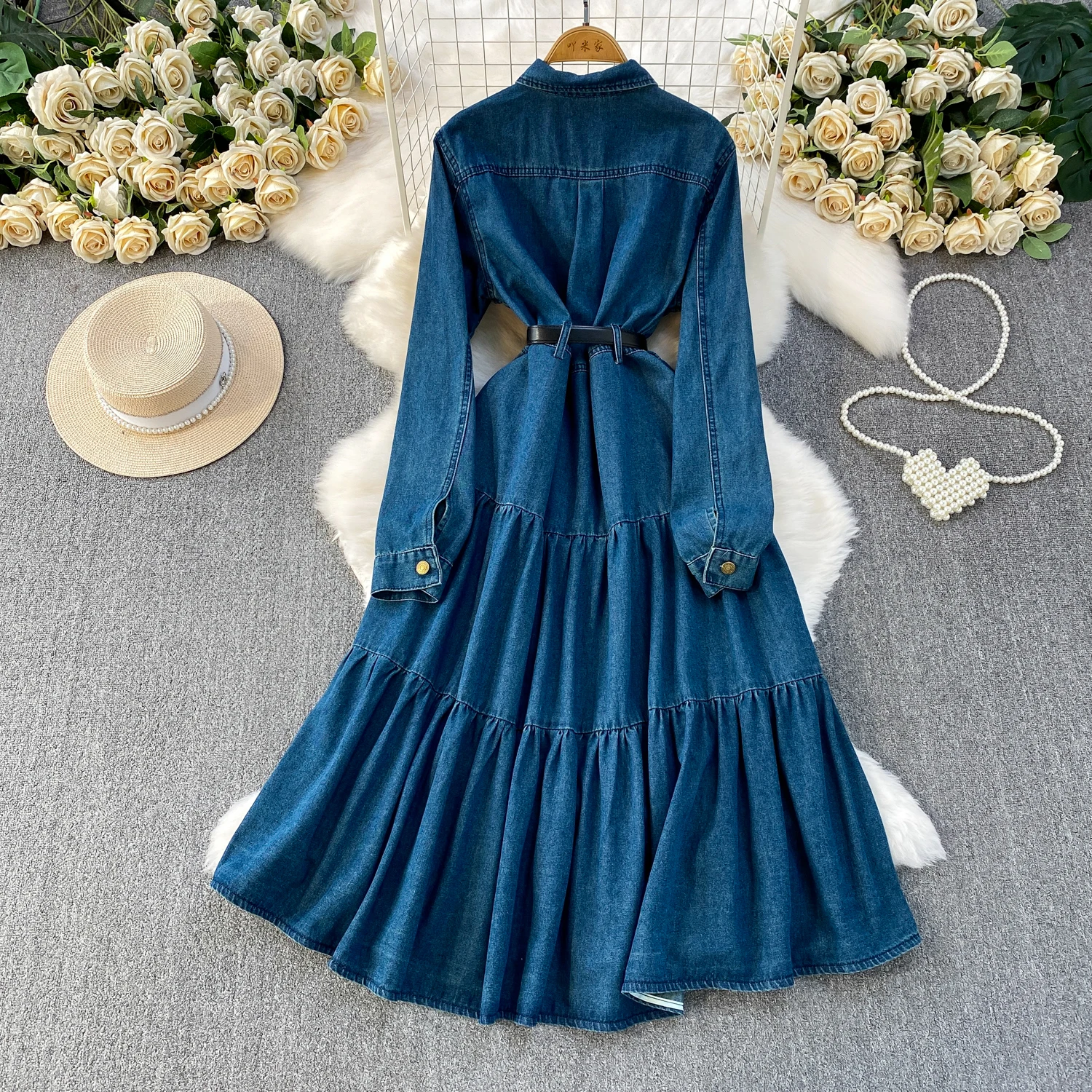 ชุดเดรสวินเทจสุดชิค ปกพับระบาย ดีไซน์หรูหรา สไตล์แฟชั่นเกาหลี ชุดเดรสลำลองสำหรับฤดูใบไม้ร่วง เสื้อผ้าผู้หญิง