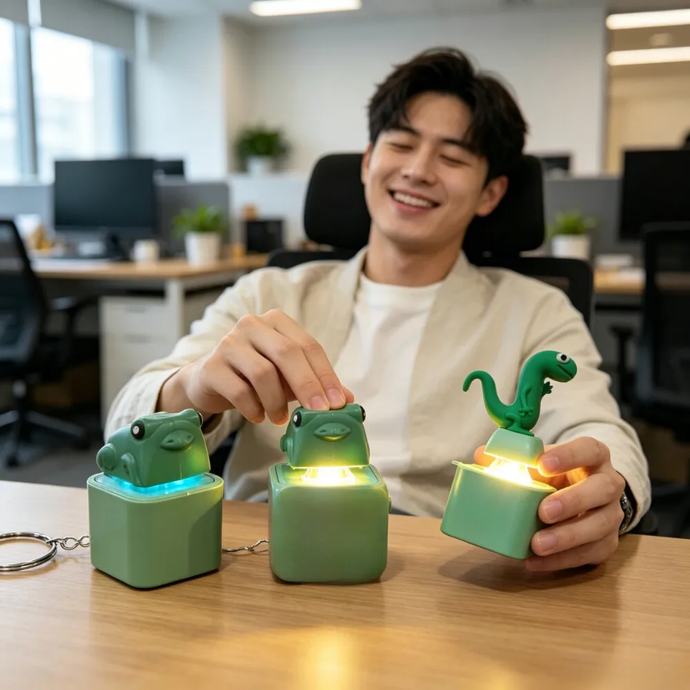 Small Yellow Duck and Frog Keychain, Duck Frog Clicker with LED Light, Adult Stress Relieving and Anxiety Sensing Toy view 3