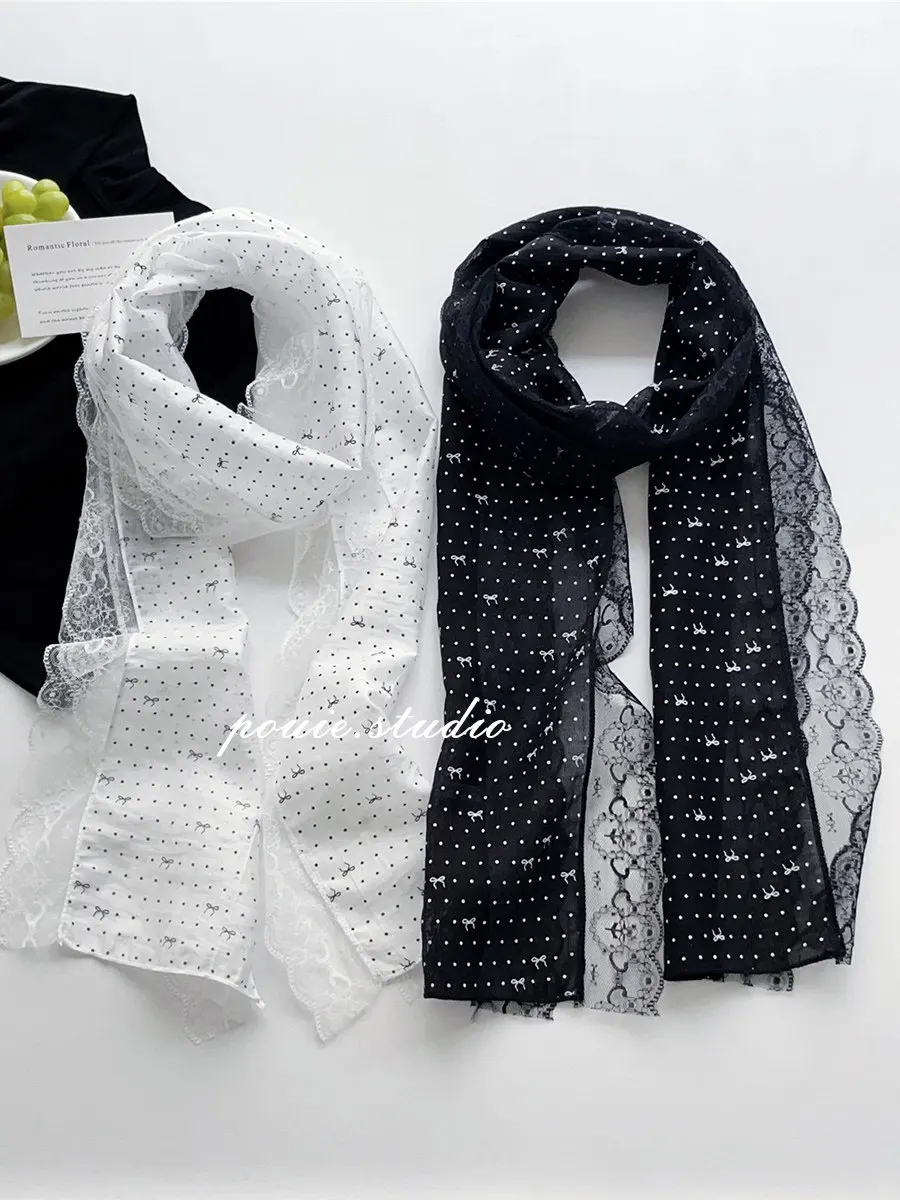 Korean Style White Polka Dot Bow Lace Long Scarf Women 2026 Spring Summer Sweet All-Match Thin Neck Scarf