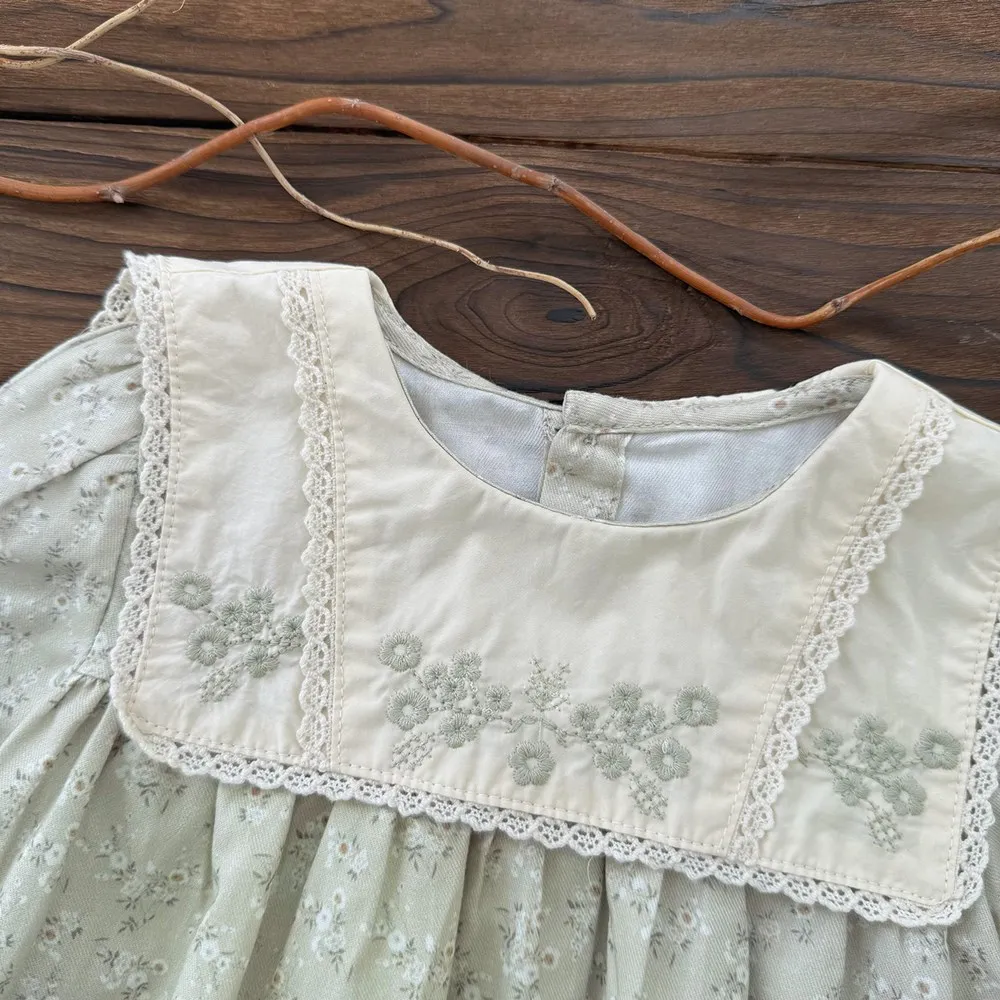 تي شيرت خريفي بأكمام طويلة مطبوع للأطفال البنات ملابس أطفال بياقة كبيرة وأوراق خضراء مطرزة للفتيات