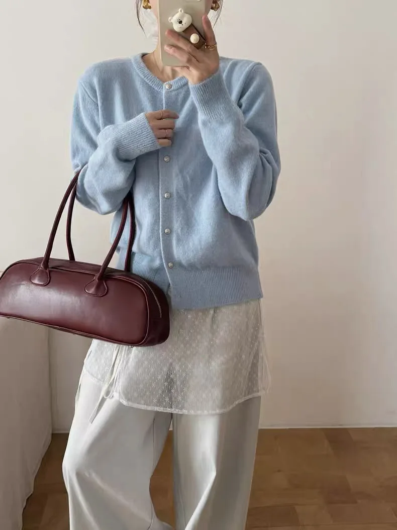 Ele ort Knitted Cardigan with Fine Silver Buttons Casual round Ne Waist-Cinching Korean Sle Women's Top