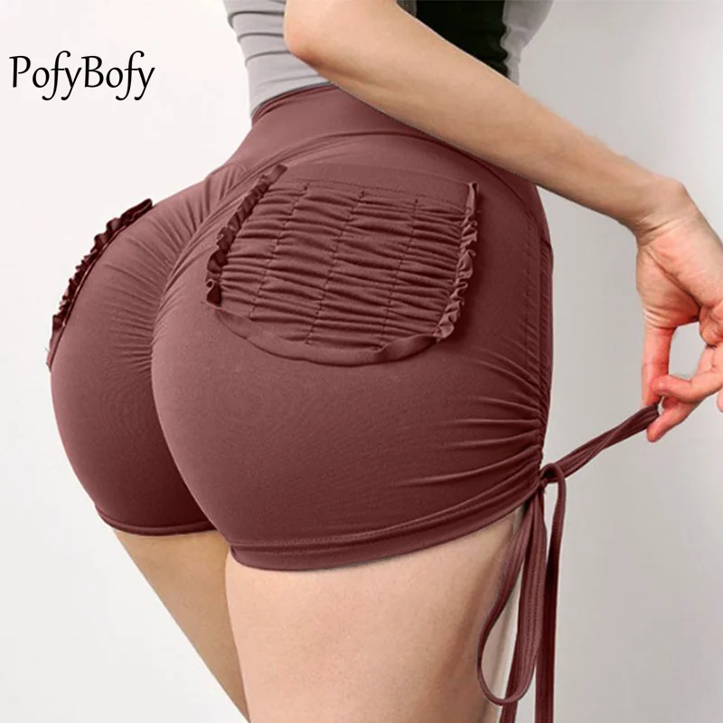 PofyBofy Drawstring Tie Knot Side Sexy Scrunch Butt Scrunch Pocket Yoga Short High Waist Push Up Women Fitness Gym Sports Pants