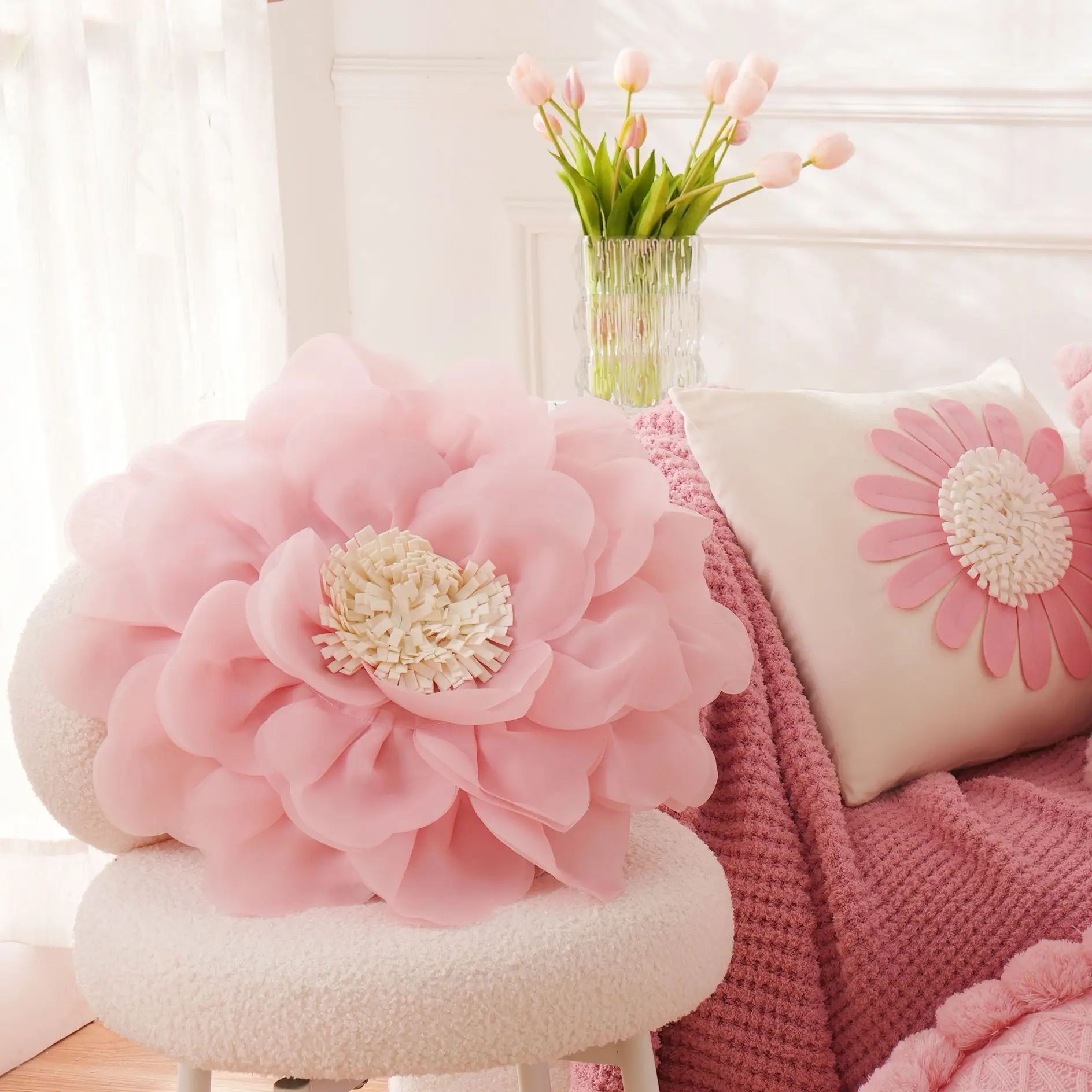 Romantic Pink Princess-Style Flower Pillow Cover 3D Petal Sofa Cushion Case for Throw Pillowcase