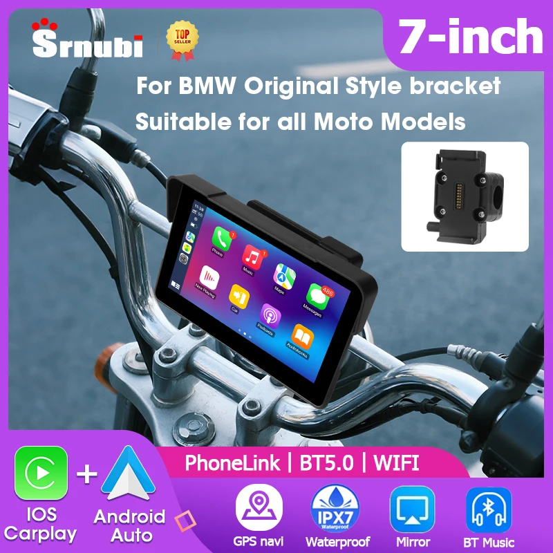 

Srnubi 7" Motorcycle Navigation GPS with Bracket For BMW Style Wireless CarPlay Android Auto Airplay Moto Monitor Dual Bluetooth