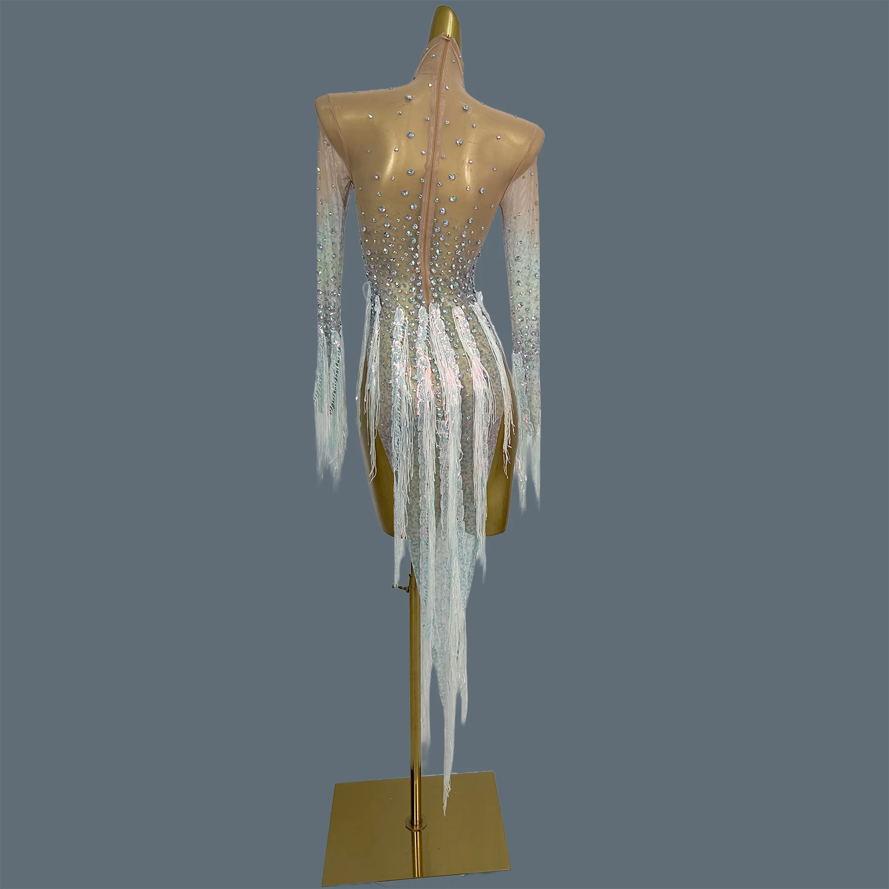 

Sexy Women Sparkly Crystals Tassel Iridescent Bodysuit Party Mesh Tight Fitting Long Sleeve Club Latin Dance Show Wear Mihuan