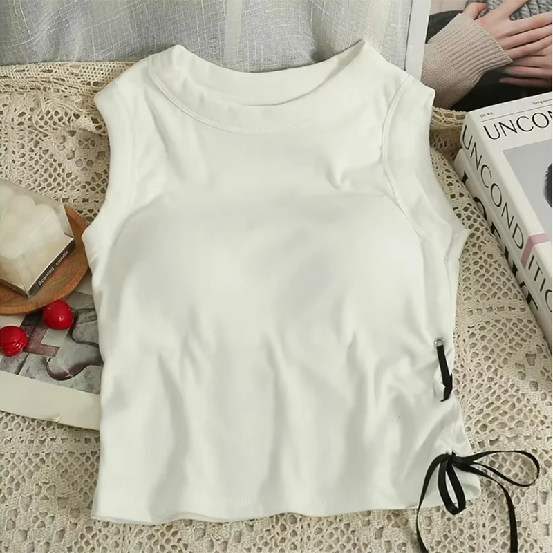 ITOOLIN Donna Solid Crop Top Estate Elastico Casual O-Collo Canotte lavorate a maglia con reggiseno Pad Lace up Top Cotton Chic Slim Camis