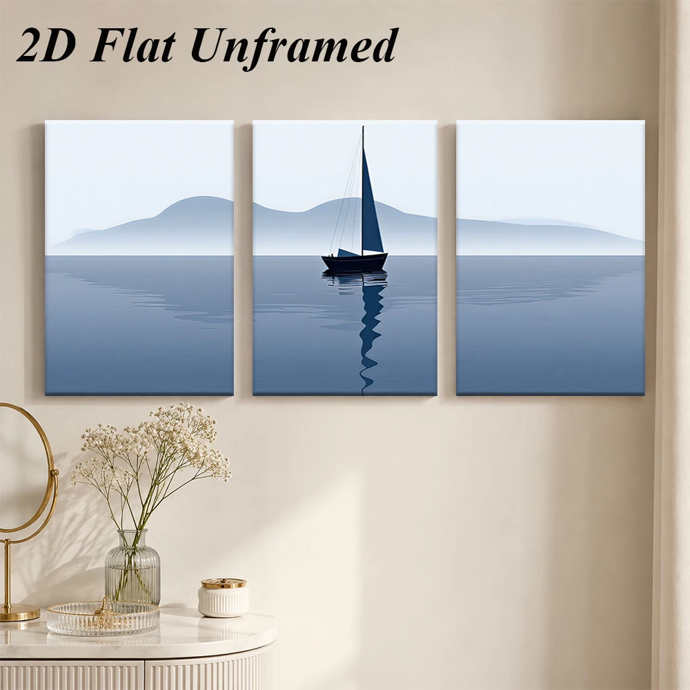1 set of modern minimalist triptych decorative paintings, blue gray sea sailboat landscape art paintings, living room bedroom ba