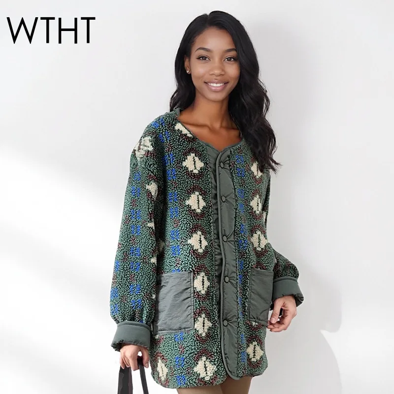 

WTHT винтажная шерстяная куртка средней длины с принтом для женщин, модное новое свободное пальто с круглым вырезом и длинными рукавами, женское 1LS2683