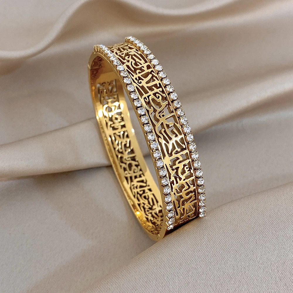 Glossy Zircon Gold Plated Stainless Steel Cuff Bangle for Women Abstract Geometric Pattern Wide Bracelets Waterproof Jewelry
