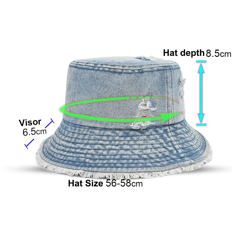 2021 Fashion Summer Washed Denim Sun Bucket Hats Panama Women Flat Top Caps Wide Brim Foldable Outdoor Anti-UV Beach Bonnet