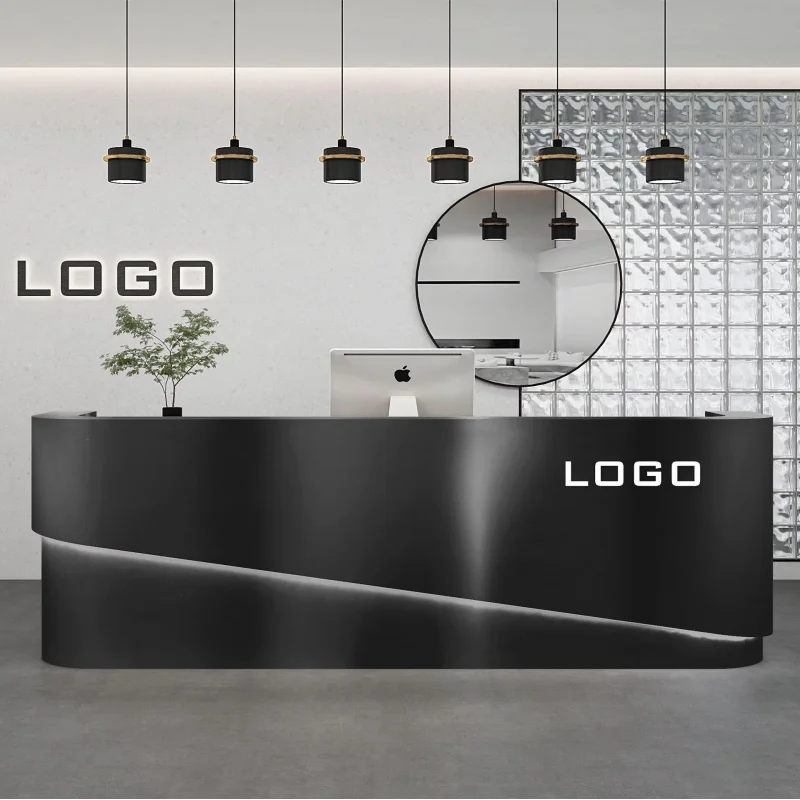 مخصص. الحد الأدنى مكتب الاستقبال الحديث منحني الفولاذ المقاوم للصدأ الجبهة مكافحة متجر الملابس الفاخرة الخروج صالون الحلاقة/B