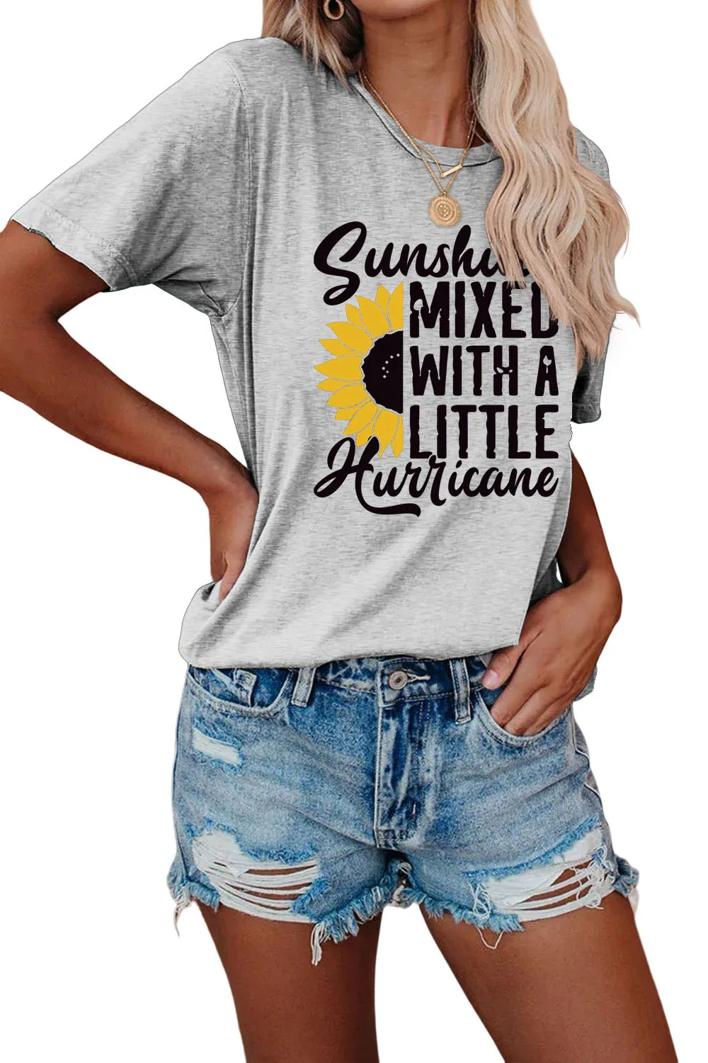 Summer round neck women's T-shirt Sunshine mixed sunflower print new casual short-sleeved top with loose fashion pullover