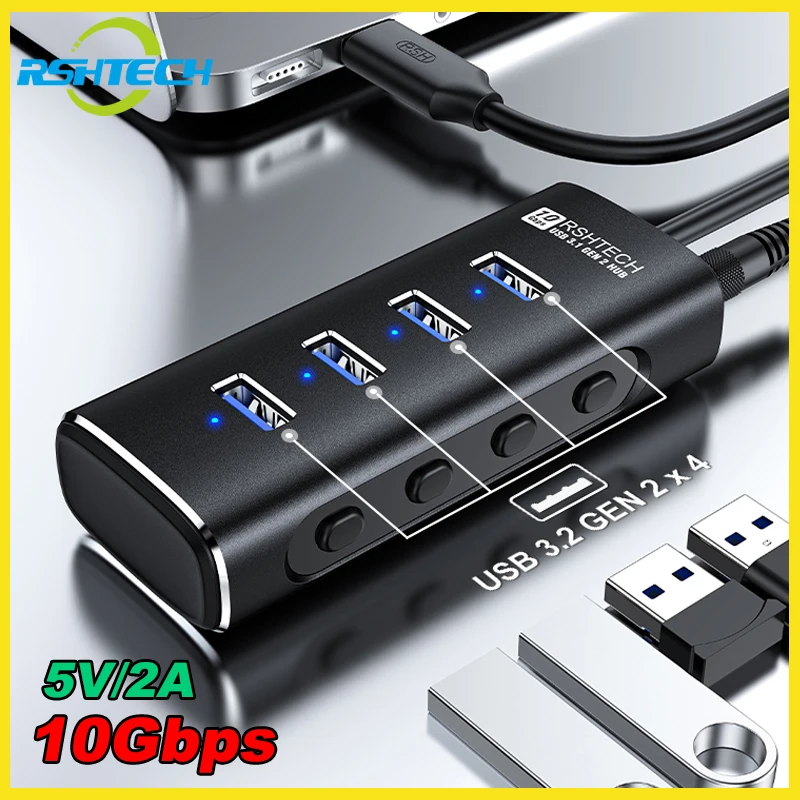 rshtech usb hub portas 10gbps extensor de transferencia de dados de supervelocidade com interruptores individuais divisor usb para computadores laptop 01