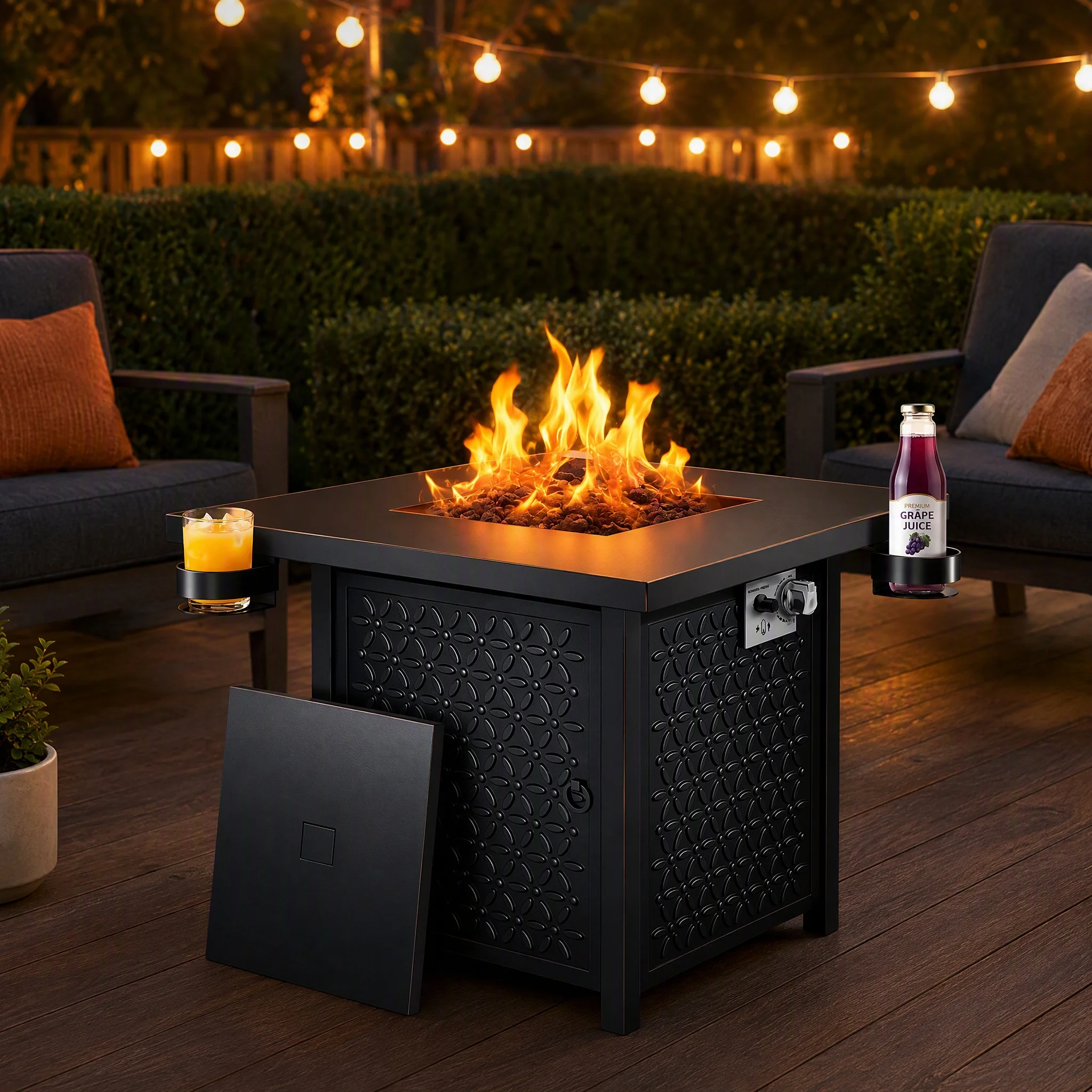 28 Inch Propane Fire Pit Table, 50000 BTU Steel Gas Firepit, 2 Cup Holders, Pulse Ignition, Lava Rocks ETL Certified for Patio Backyard