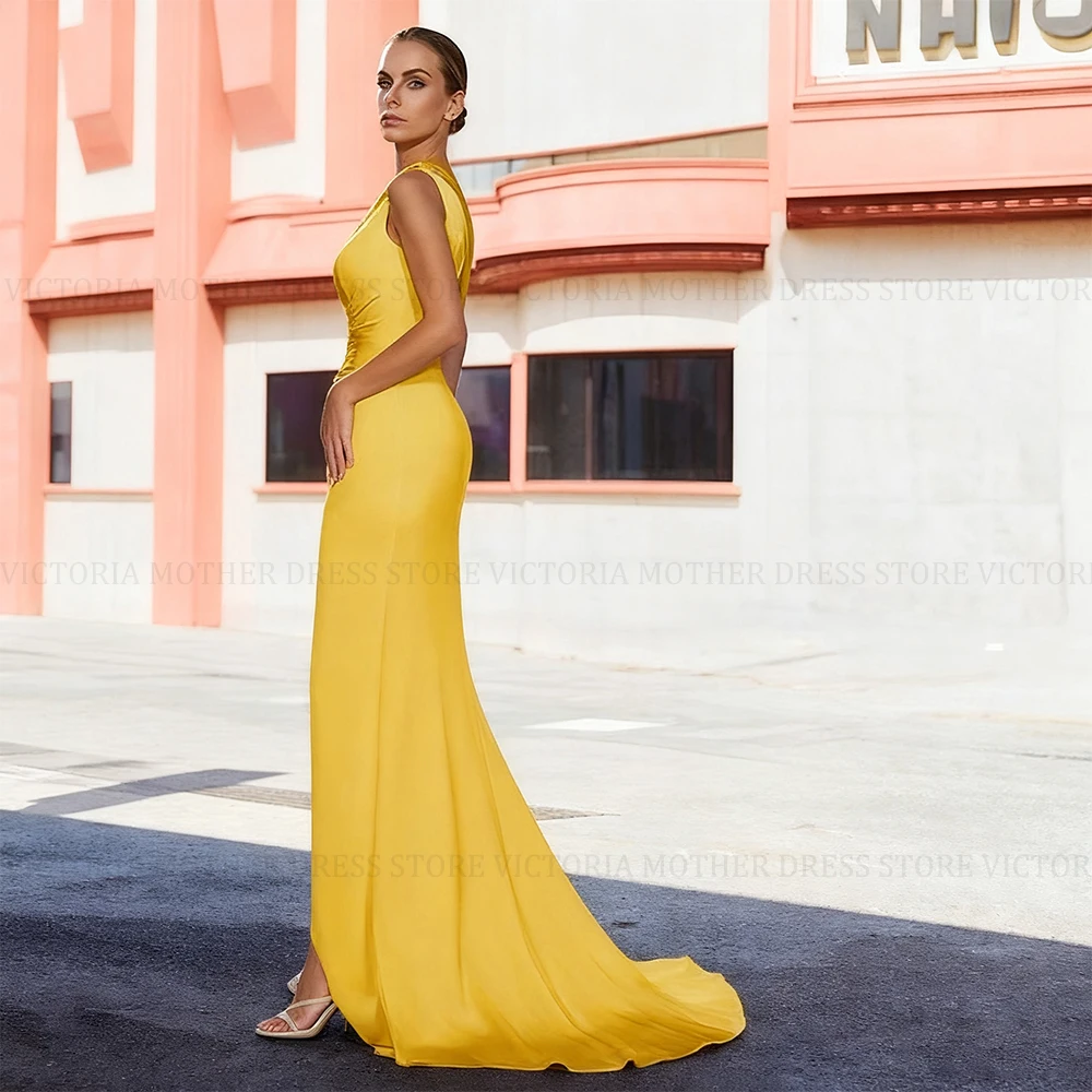 VICTORIA Customized Modern Yellow Mother of the Bride Dress Pleated Front Slit Satin Long Wedding Guest Dress Party Evening Gown