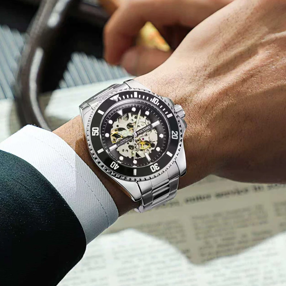 Black Skeleton Mechanical Watch Men's Sports Dive Style Wristwatch Stainless Steel Band Casual Business Dress Watch for Gift