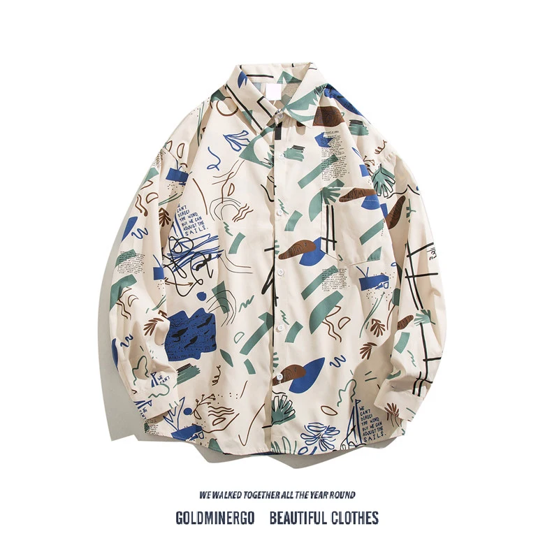 

Мужская рубашка с длинным рукавом и принтом, свободного кроя, повседневный дизайн, молодежный тренд, стильный образ.