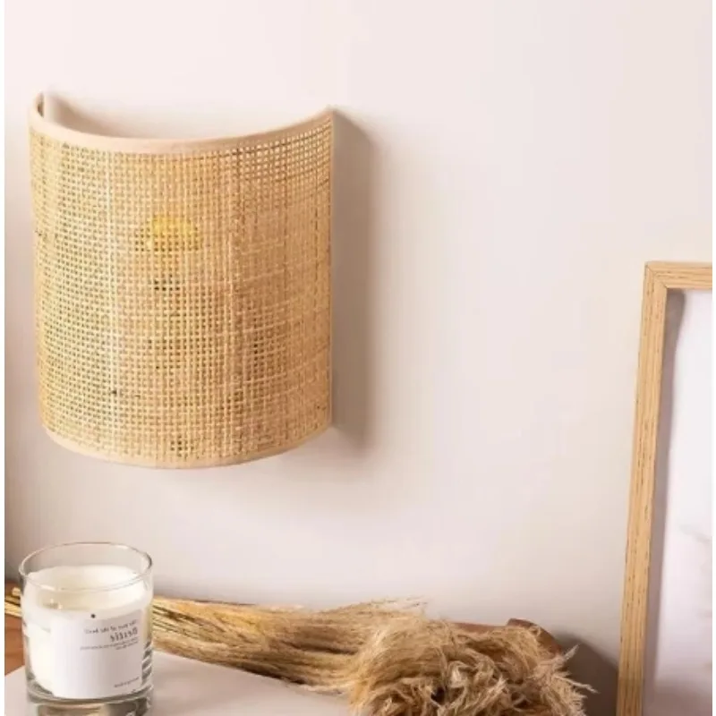 Retro Rattan Weaving Wall Lamp LED E27 Hemp Rope Wall Sconces Living Room Bedroom Bedside Homestay Corridor Decorative Lighting