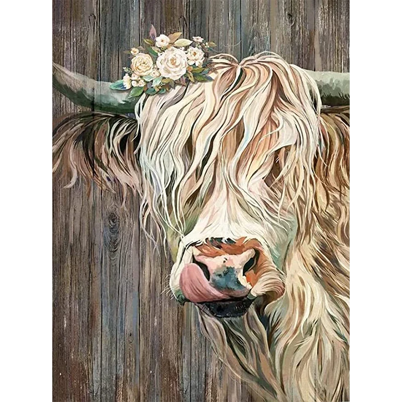 

DIY Diamond Mosaic Cow Longhorn Wildlife AB Colorful Flower 5D Diamond Painting Animal Full Square Drill Cross Stitch Kits Decor