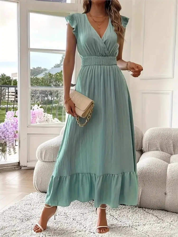 Vestido longo feminino 2025 verão novos vestidos com decote em v cor sólida cintura elástica maxi vestido senhora do escritório moda casual uma linha vestido