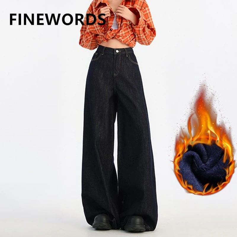 

FINEWORDS винтажные повседневные корейские мешковатые зимние джинсы Easymatch, свободные широкие кашемировые джинсы, джинсы полной длины в стиле панк, уличная одежда