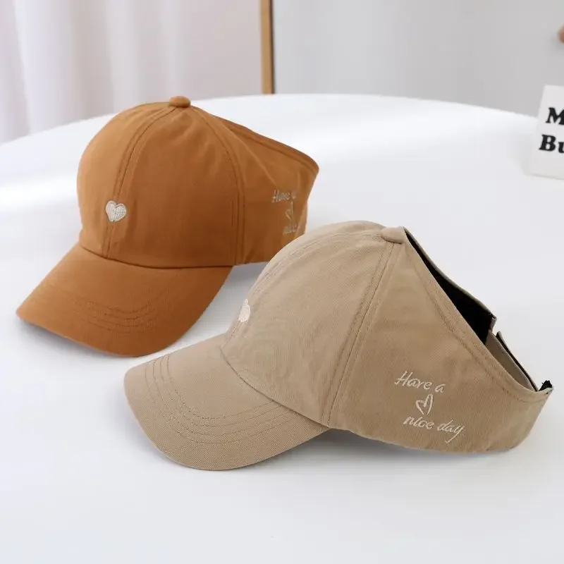 Embroidery Heart Kids Empty Top Hats Korean Girl Summer Sunshade Ponytail Baseball Caps Solid Color Outdoor Children Sun Hats