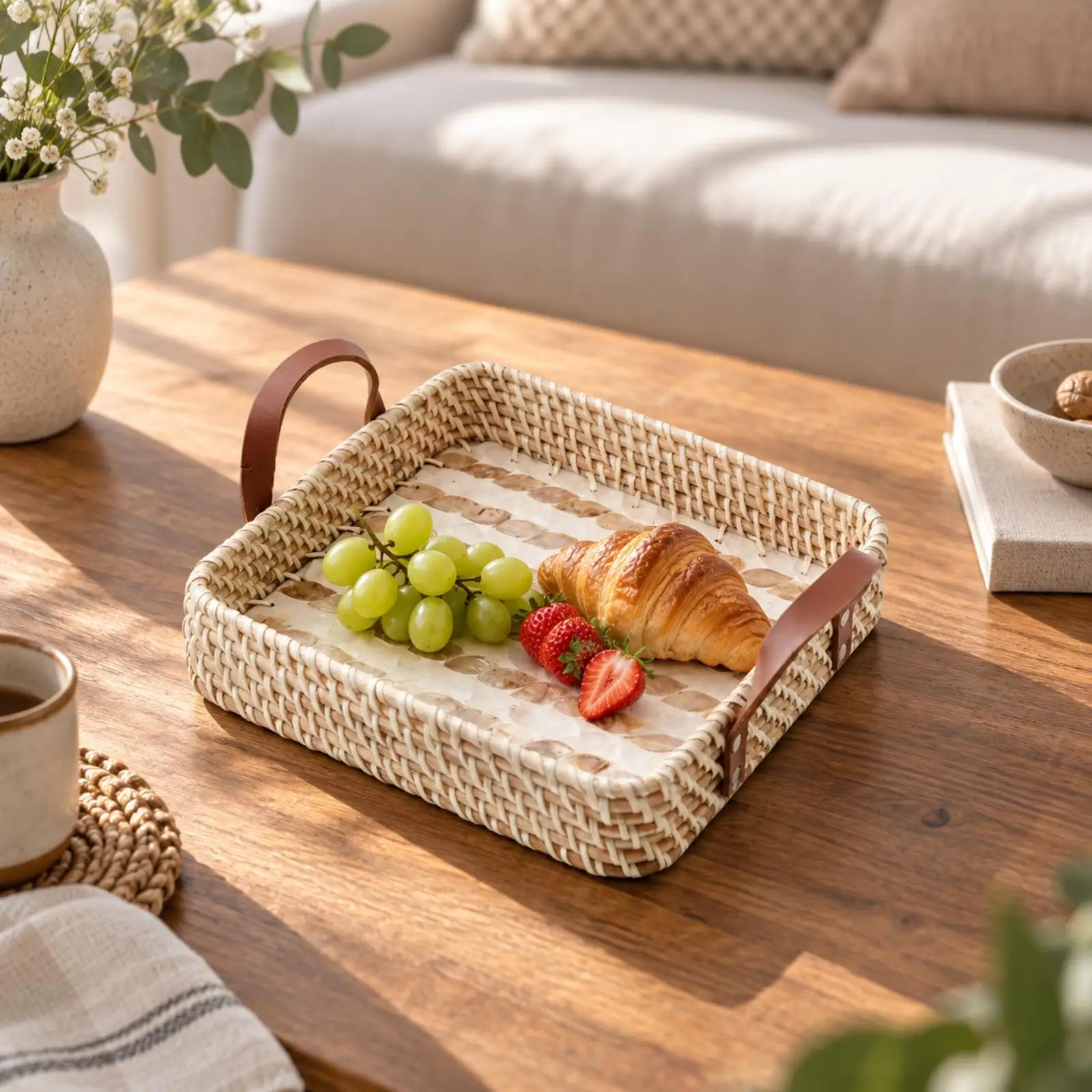 Woven Rattan Storage Tray with Carry Handles for Serving Snacks Decorative Table Tray for Living Room Shelf