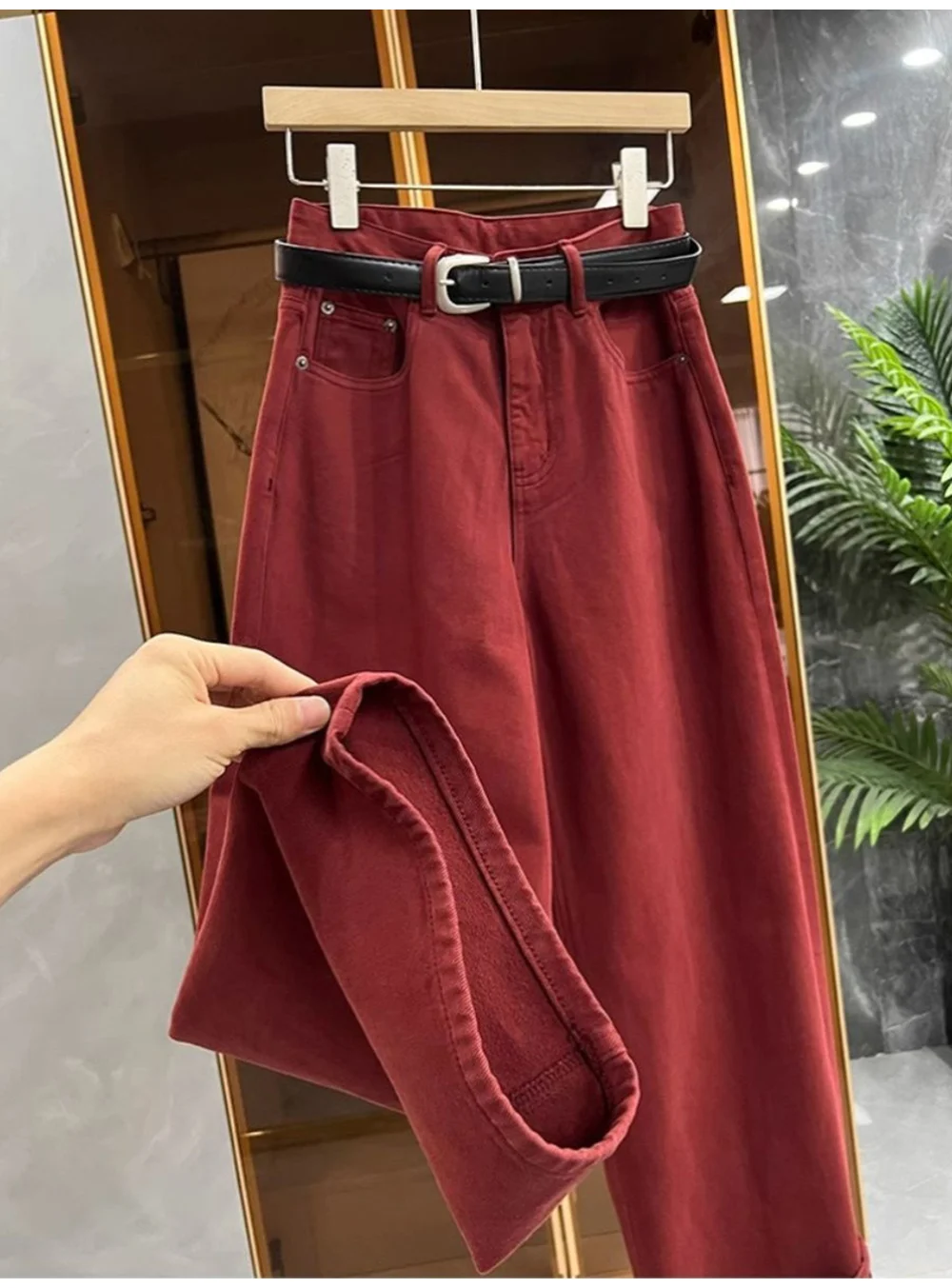 Trendy Red Denim Pants Women Spring Autumn Casual Loose High Waist Wide Leg Pants Straight Full Length Jeans Female Streetwear