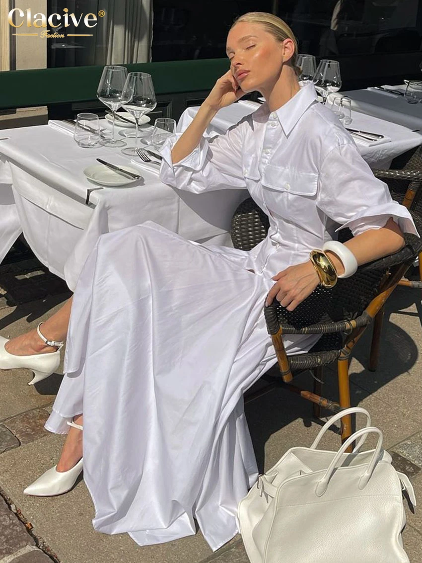 Clacive Fashion Loose White Cotton Dress Lady Casual Lapel Long Sleeve Ankle Length Dress Elegant Classic Dresses For Women 2025