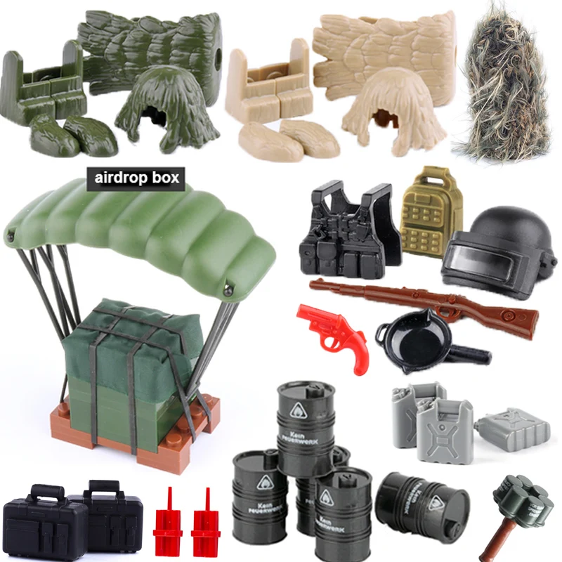 Armas militares para niños, accesorios, armas, armas, bloques de construcción, figuras de policía de la ciudad, traje Ghillie, puertos de centinela, tambores de aceite, Juguetes