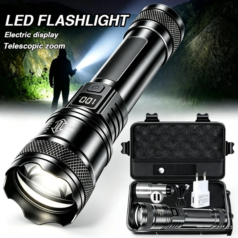 High Power LED Flashlight Rechargeable Telescopic Zoom Torch with Power Display for Outdoor Camping Fishing Waterproof Lantern