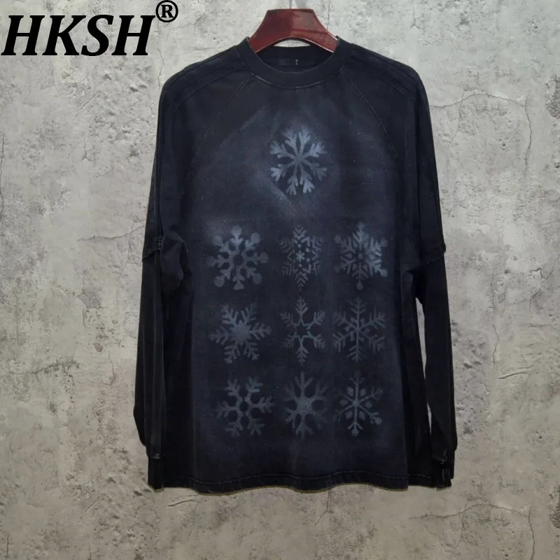 HKSH Spring Autumn New Men Dark Abstract Print Patchwork Fake Two-Piece Long Sleeved Round Neck Washed Retro T-shirt Ins HK18357