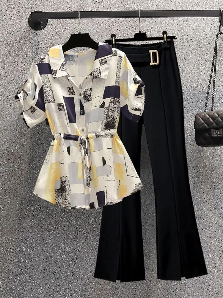 Large Size Slimming and Flesh Covering Summer New Style Chubby Sister Commuting Women's Shirt Micro Flared Pants Two-piece Set