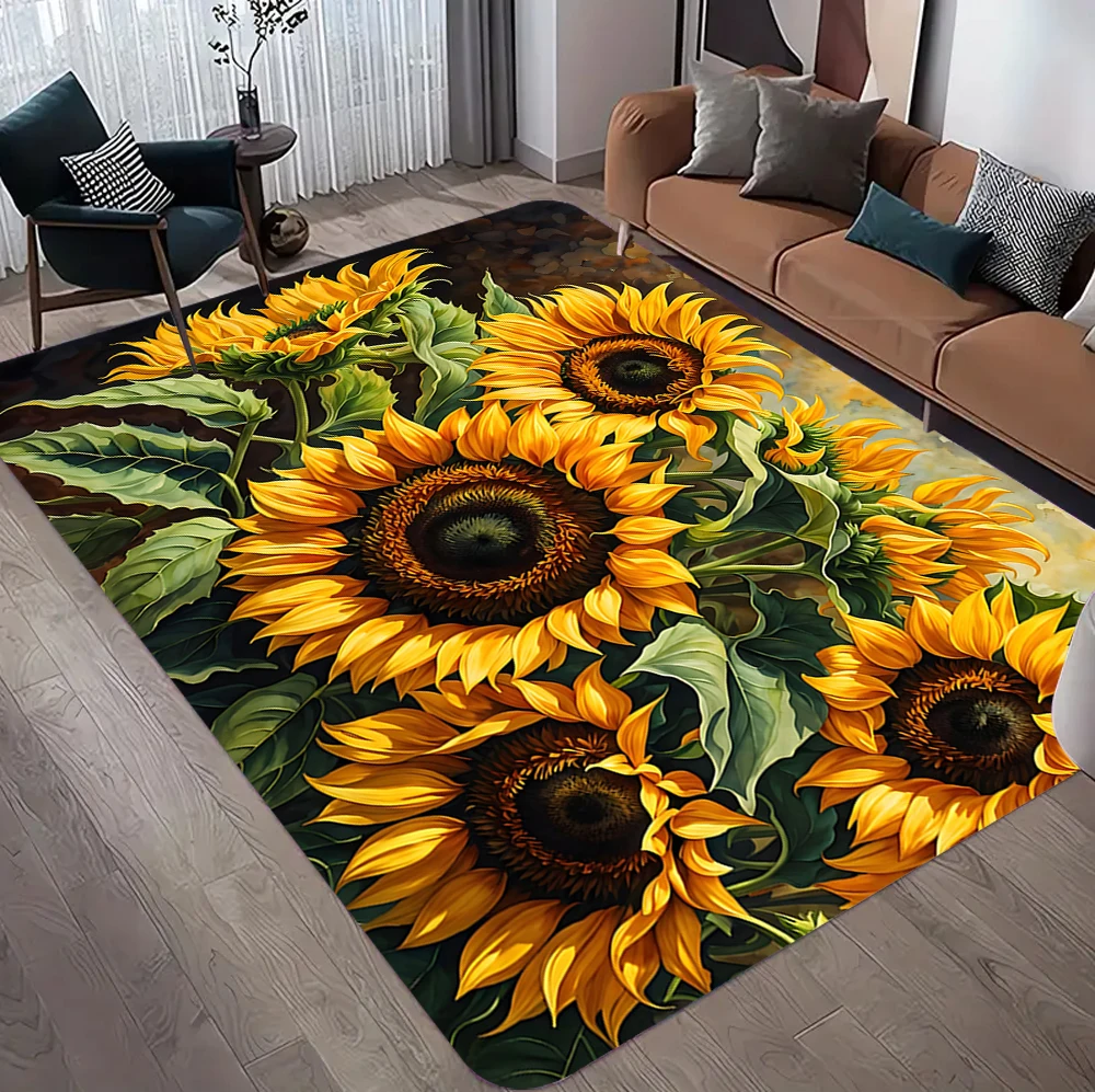 Vibrant Sunflower Design Area Rug for Living Room Rustic Home Decor Carpet Soft Floor Mat Bedroom Dining Room Home Decoration