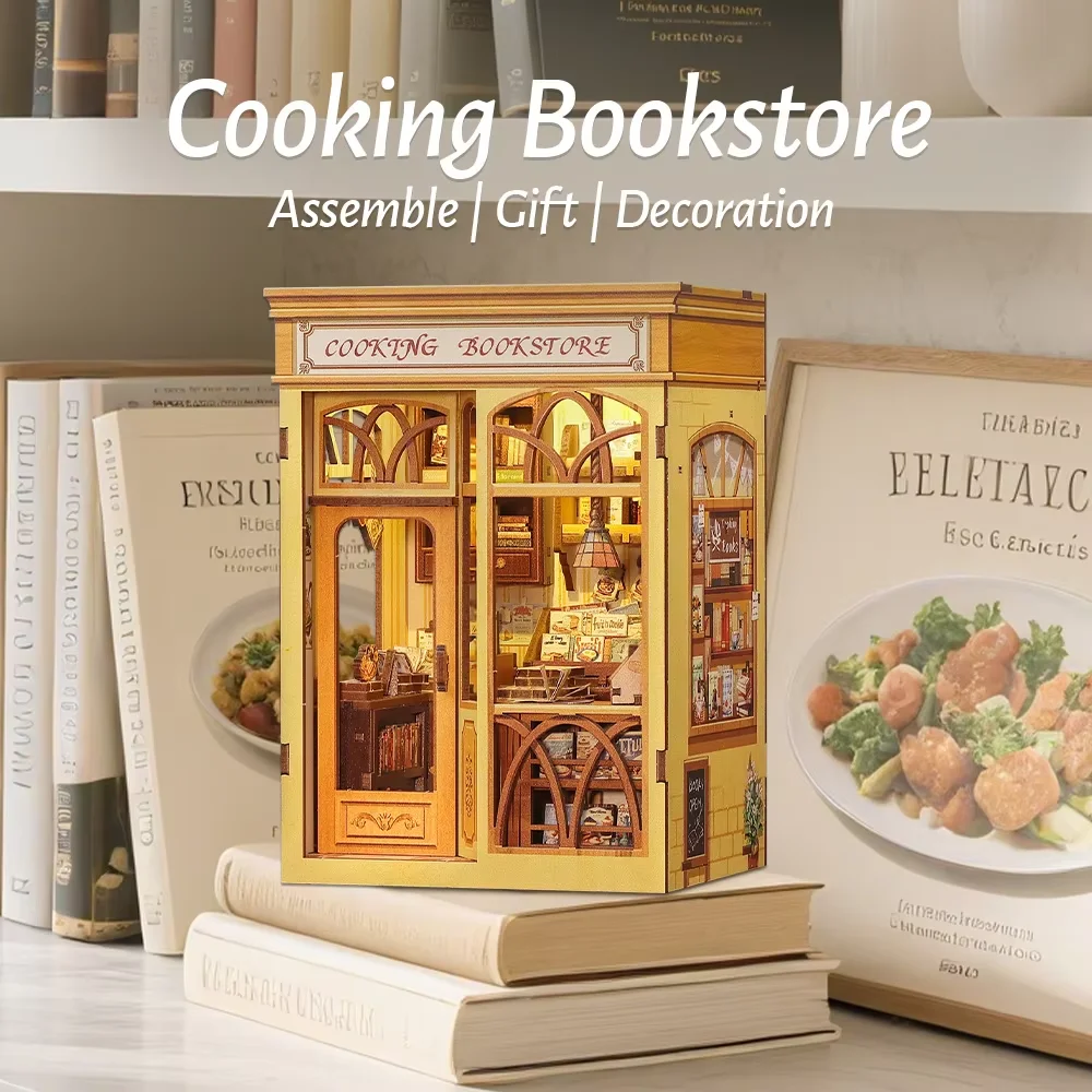 Cutebee DIY Mini Wooden Dollhouse With Led Light  Doll House  Cooking Bookstore For City Walk Series DIY Miniature House Kit