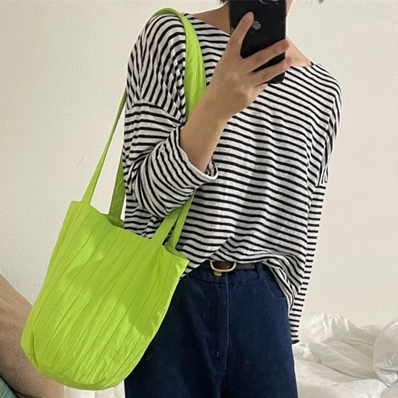 2024 New Nylon Shoulder Bag Trendy Casual Versatile Tote Bags For Women Striped Fold Solid Color Summer Handbags