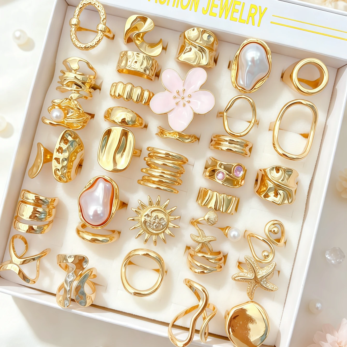 6/12/24/36/48/100Pieces Fashion Flowers Geometry Irregular Open Rings Set For Women Mix Style Trendy Elegant Jewelry Party Gifts