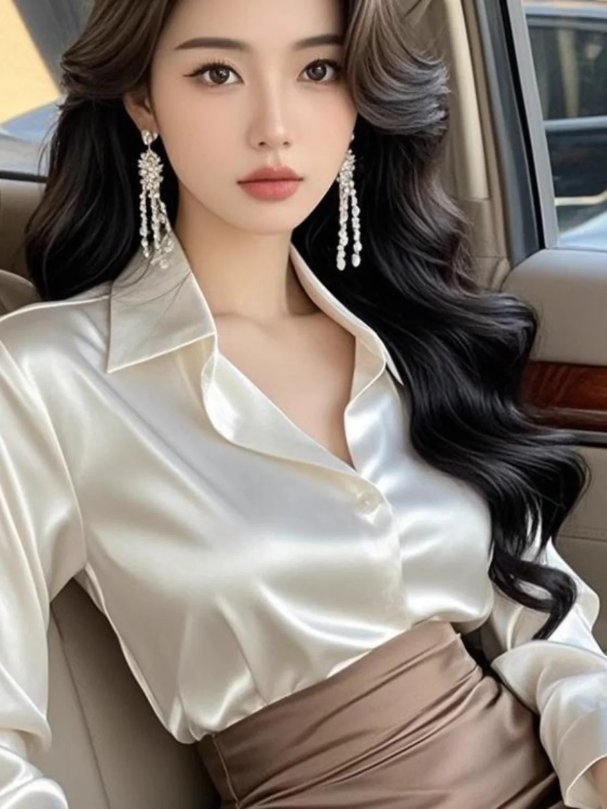 

Ele Satin Long Sve Women's irt Office Wear Busin Formal White Top Dr Brand Loose Fit Ne Design