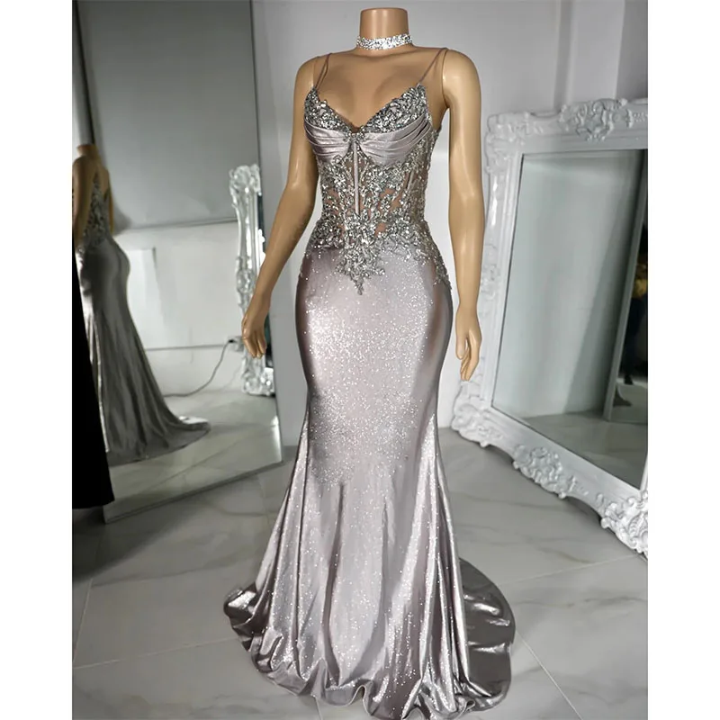 

Silver Grey Mermaid Prom Dress for Black Women Spaghetti Glitter Evening Dresses Elegant Beads Appliques Special Occasions