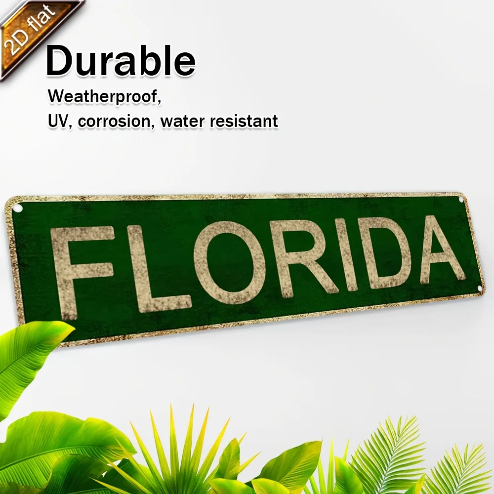 2D Flat - Vintage Florida License Plate Design - Rustic Green & White Aluminum Wall Decor, 16x4 Inches, UV Printed, Perfect