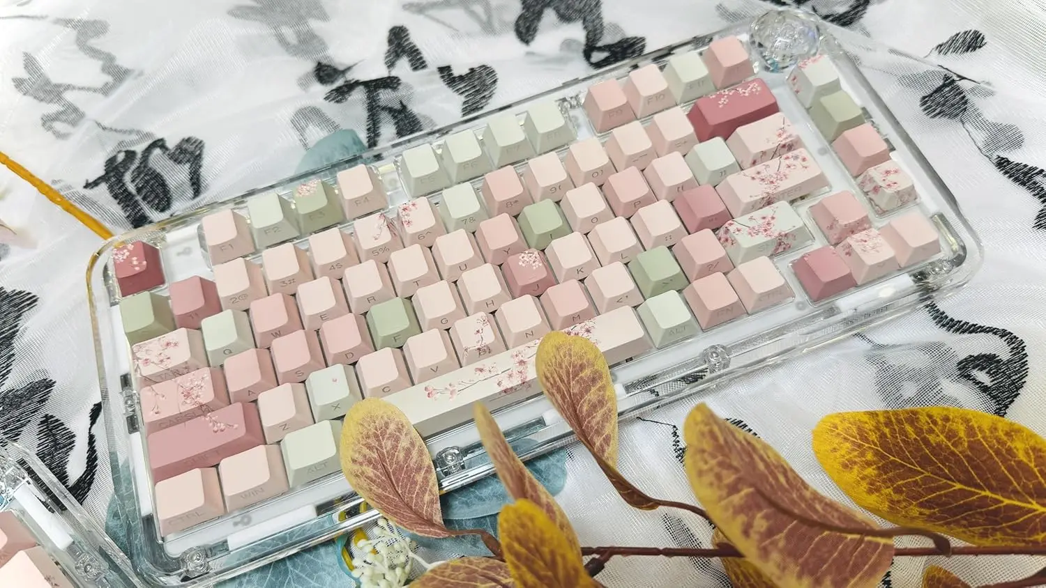 Peach Blossom Keycaps Side Print Custom Cherry Profile PBT Shine Through Keycaps Pink Green 128 Keys for Mechanical Keyboards